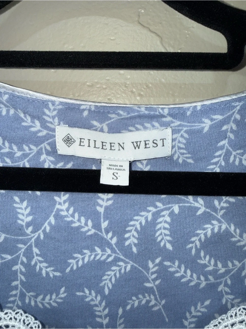Eileen West Blue Leaf-Print Traditional Nightgown with White Lace Rouched Trim S